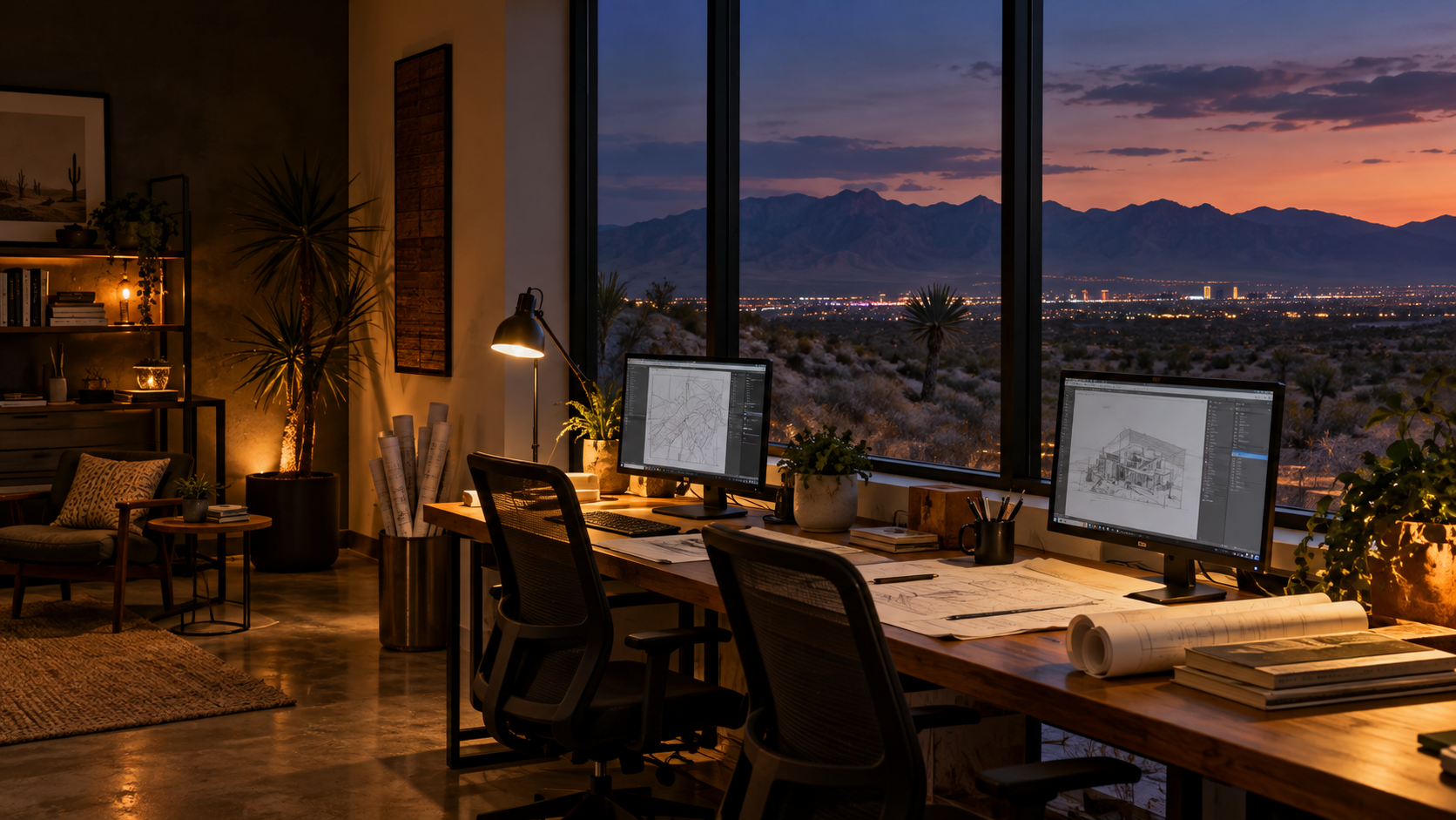 Illustrative desert workspace at dusk